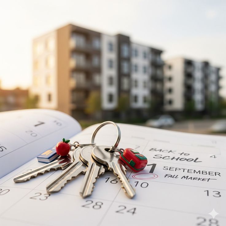 Jeu de clés posé sur un calendrier, avec des immeubles résidentiels en arrière-plan, illustrant l’importance du timing et de la planification de la sortie dans un investissement immobilier.
