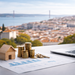 Real estate investment concept with Lisbon skyline in the background, house model and coins on a desk.