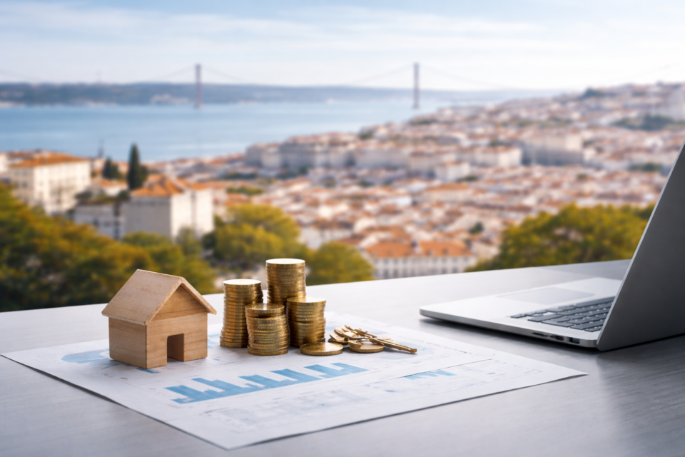 Real estate investment concept with Lisbon skyline in the background, house model and coins on a desk.