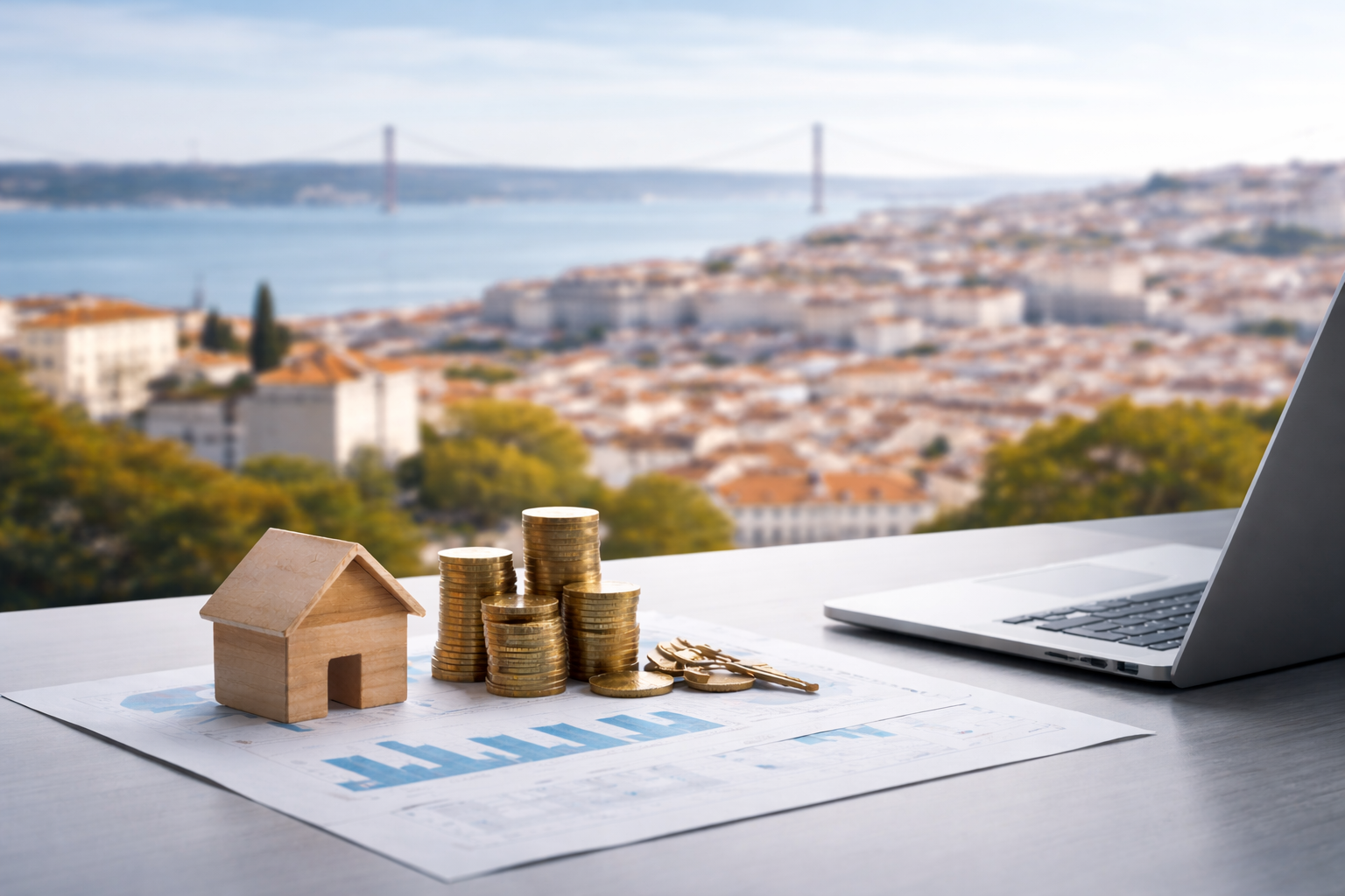 Real estate investment concept with Lisbon skyline in the background, house model and coins on a desk.