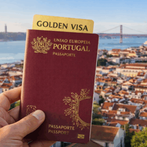 Portuguese passport with a Golden Visa card held in front of the Lisbon skyline