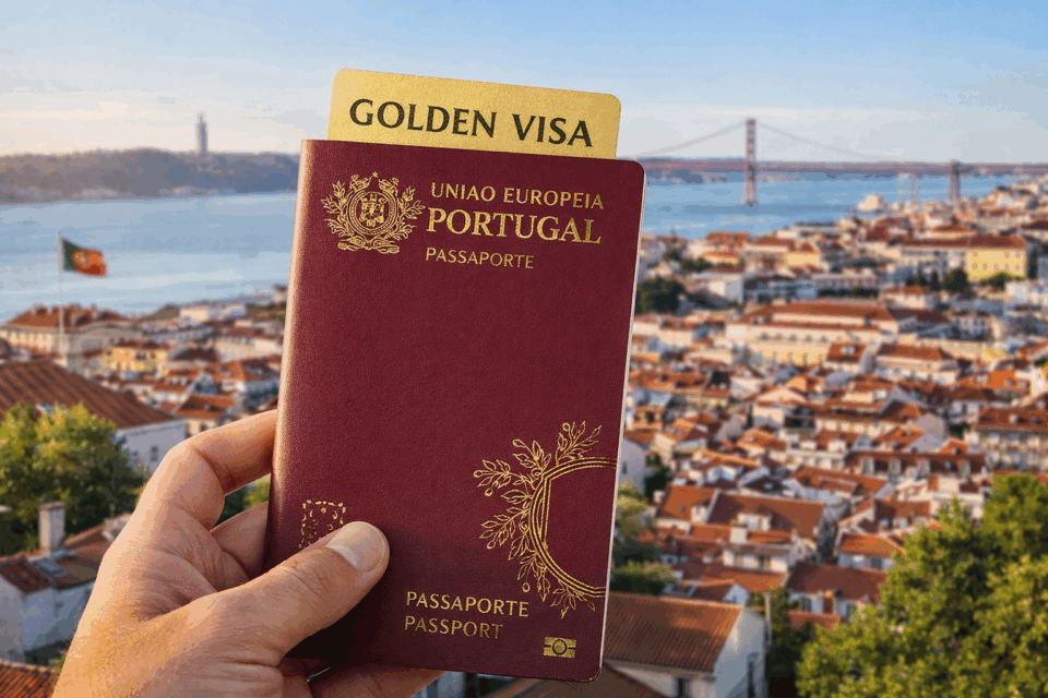 Portuguese passport with a Golden Visa card held in front of the Lisbon skyline