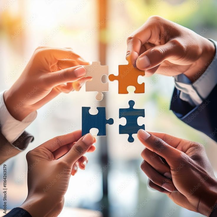 teamwork and partnership Hands join puzzle pieces